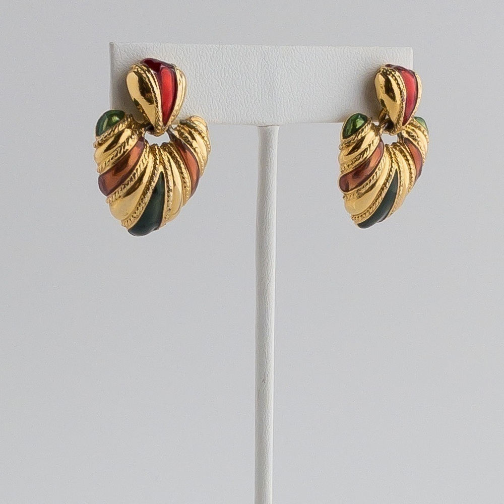 Vintage Anne Klein Earrings Red Green Enamel Heart Shaped Drop Dangle Gold Tone